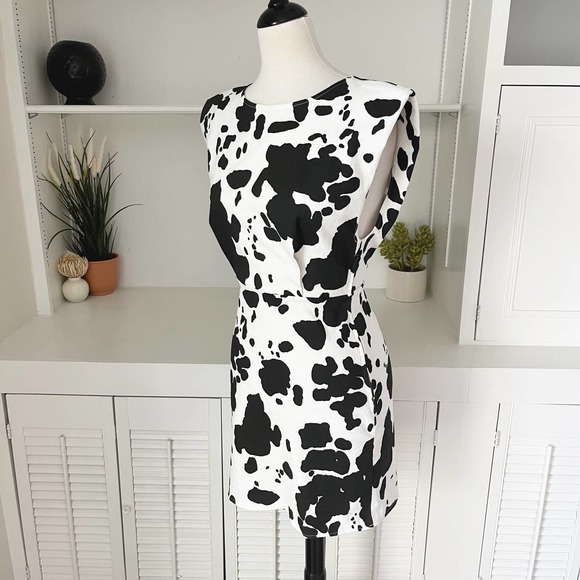 NWT En Saison Cow Print Denim Mian Mini Dress Black White Size S - Picture 2 of 10